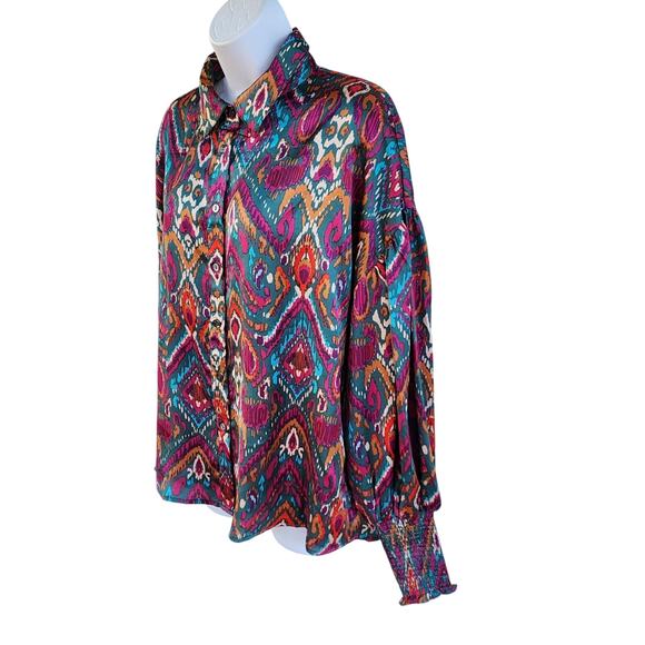 NWT Entro Multicolored Silky Abstract Printed Button-uo Long Sleeve Blouse sz M - Picture 6 of 12